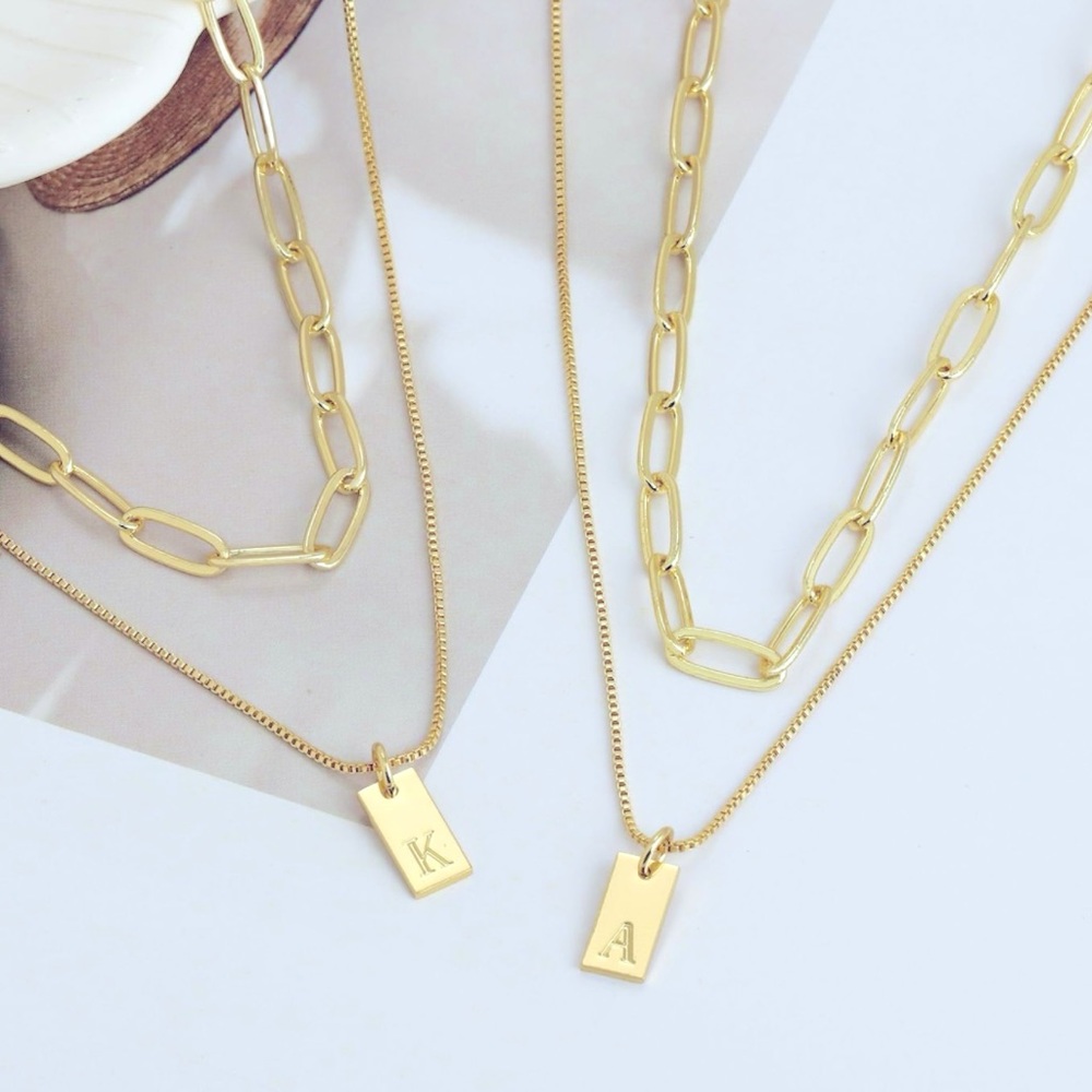 14k Custom Vermeil Gold Initial Tag Necklaces Set, Hypoallergenic & Waterproof